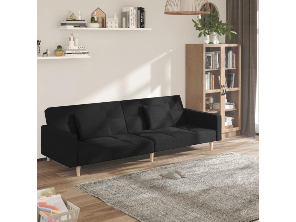 Canapé-lit à 2 places avec deux oreillers noir tissu HLSL08511