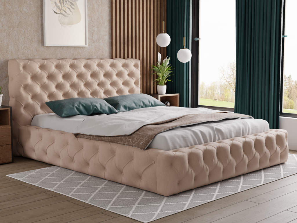 Domopure Storage Bed 200x200 Domopure - Double Bed 200x200 cm Upholstered Bed in Beige Velvet Fabric Domopure 35 OKGI17507