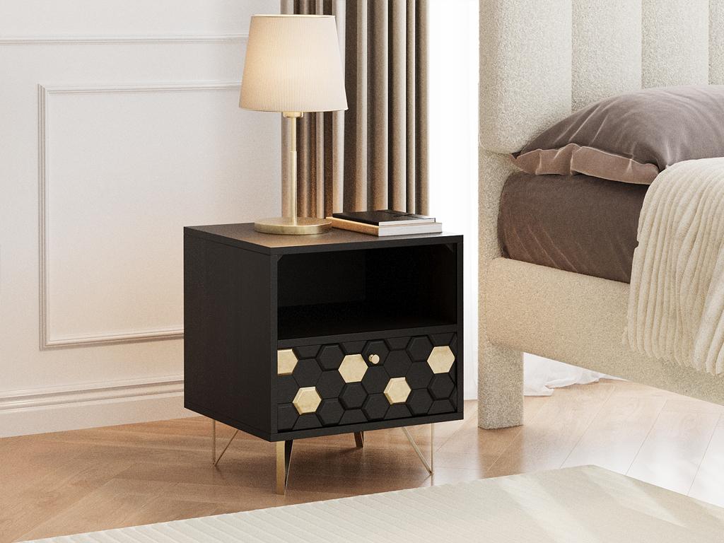 Table de chevet 1 tiroir et 1 niche - Bois de manguier et métal - Noir et doré - Decohaute HYPX58263