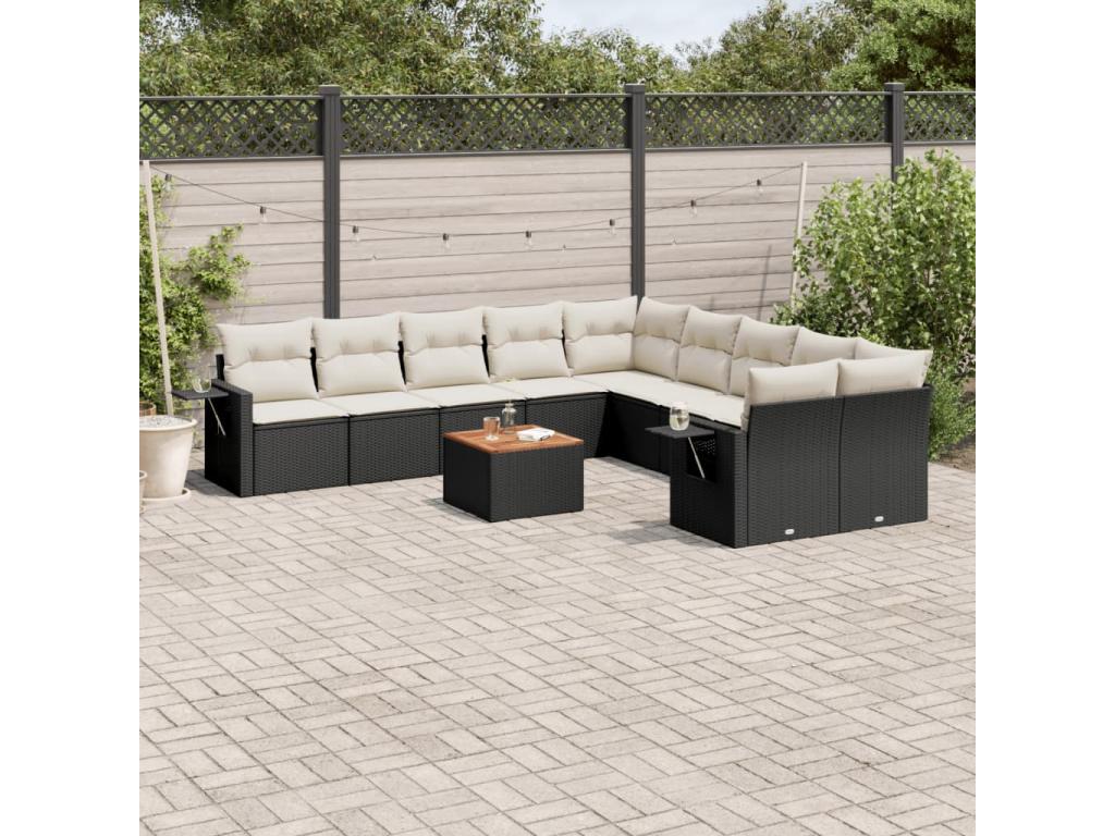 11-piece garden furniture set with cushions, black woven resin PBNV87466