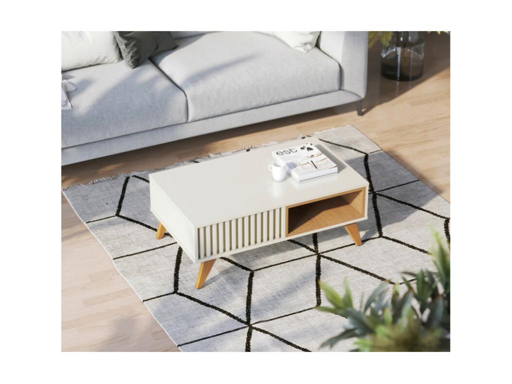 Table Basse 2 Niches 4 Pieds Bois Blanche et Chêne L 90.5 H 54 P 35.2 cm EWLK83568