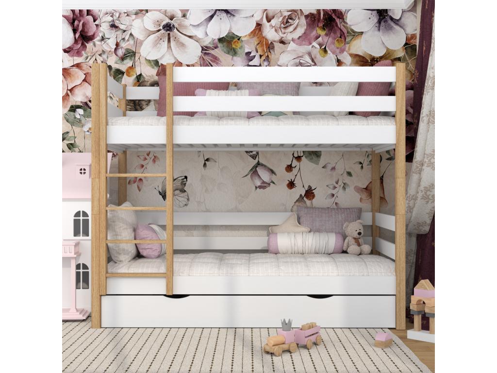 Wooden bunk bed - with drawer N01 White / Natural Oak 120x200 CQYX73821