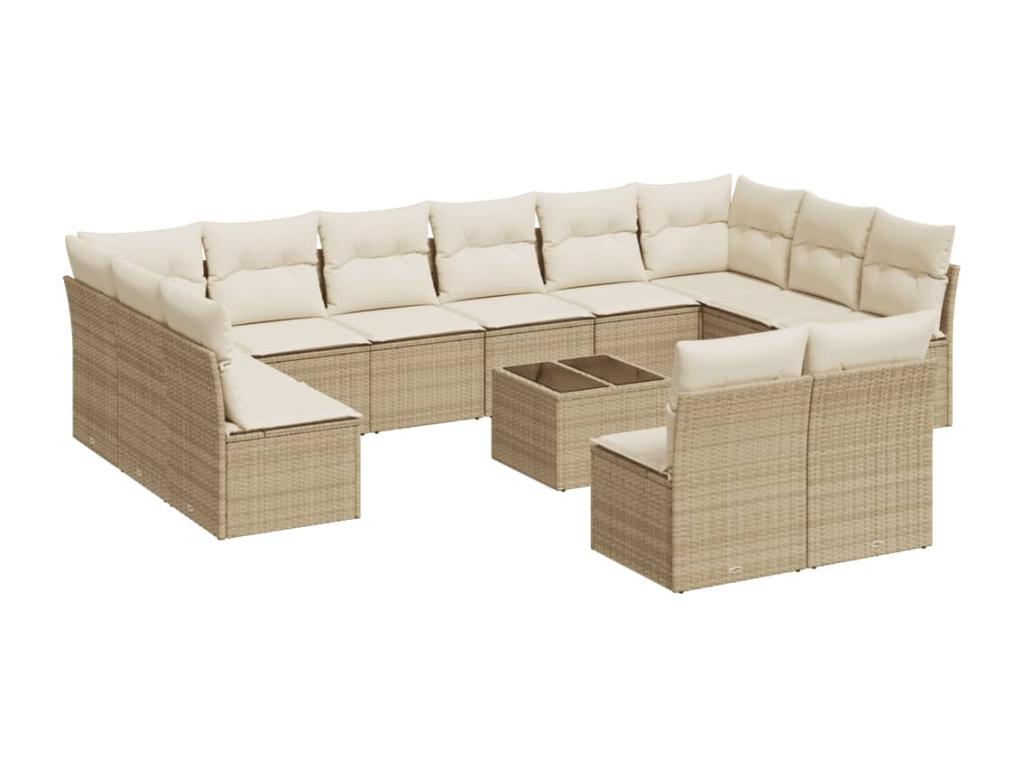 13-piece garden furniture set with cushions, beige woven resin QGKW41814