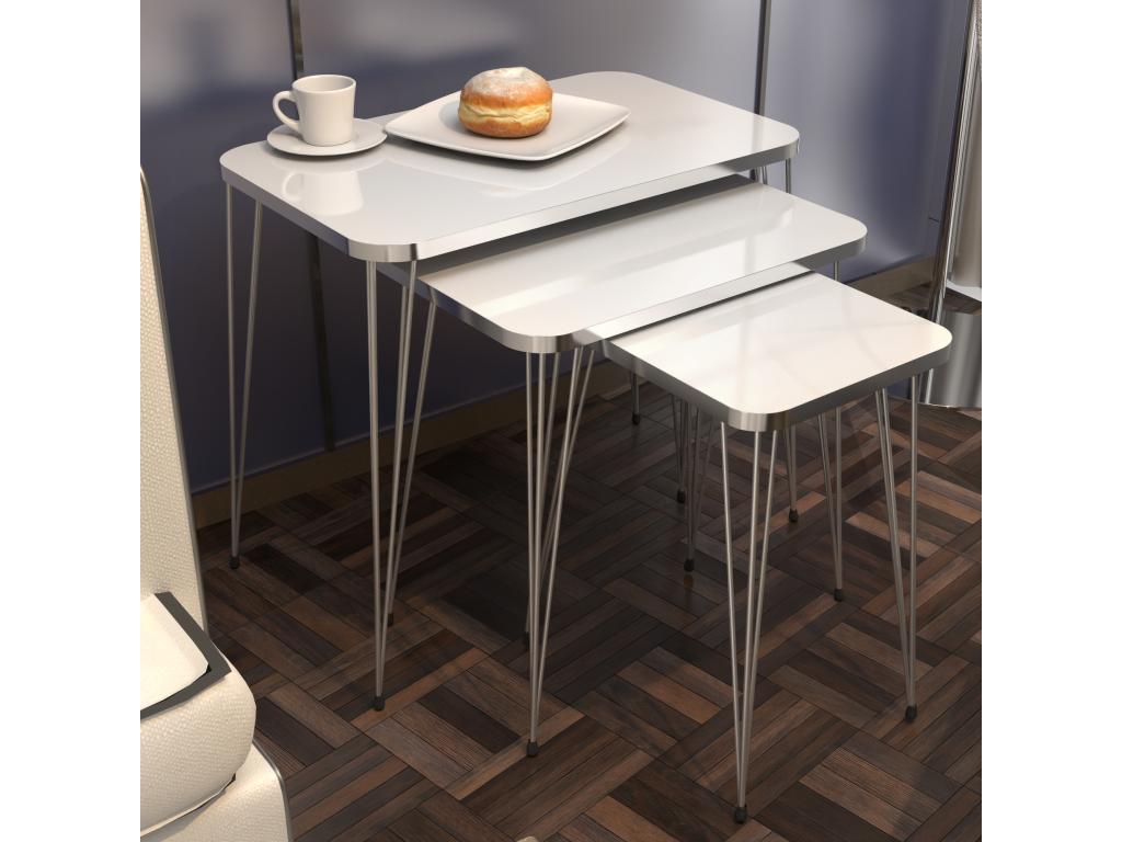 Set de 3 tables d'appoint Rudk Domopure rectangulaires gigognes blanc argent Domopure FKHE14071