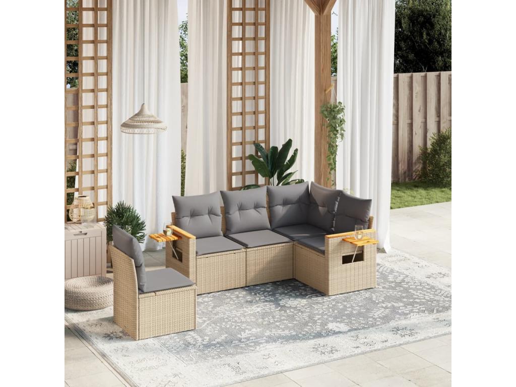 5-piece garden furniture set with cushions, beige woven resin MXEW42088