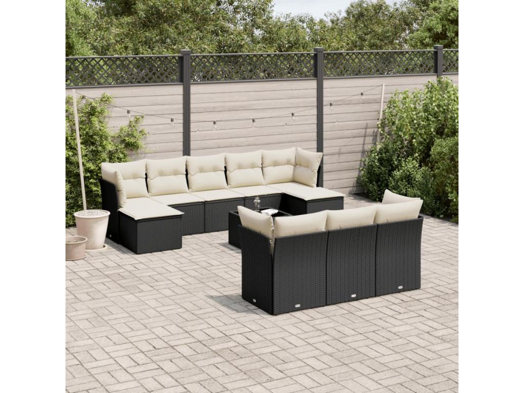 11-piece garden furniture set with cushions, black woven resin FZUO74395
