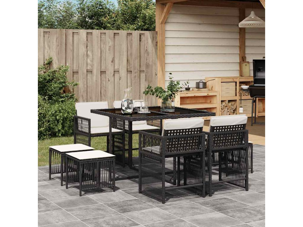 9-piece garden dining set with cushions, black resin wicker NYUI90989