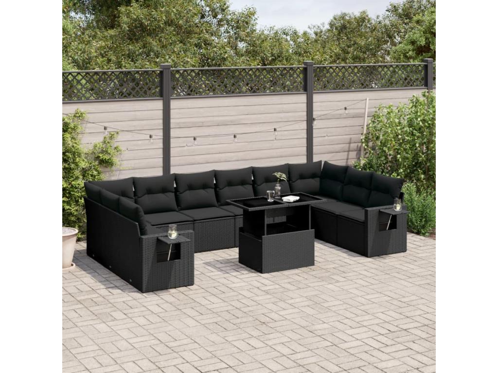 11-piece garden furniture set with cushions, black woven resin DIQN85811