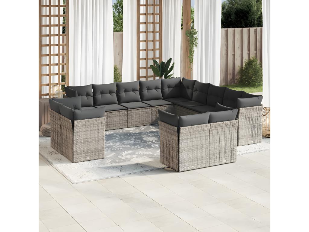 13-piece garden furniture set with cushions, grey woven resin ZZAX46021