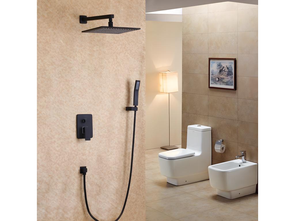 Douche de pluie fixée au mur noir et ensemble de douche avec douchette en laiton massif 250 mm JJEV03140