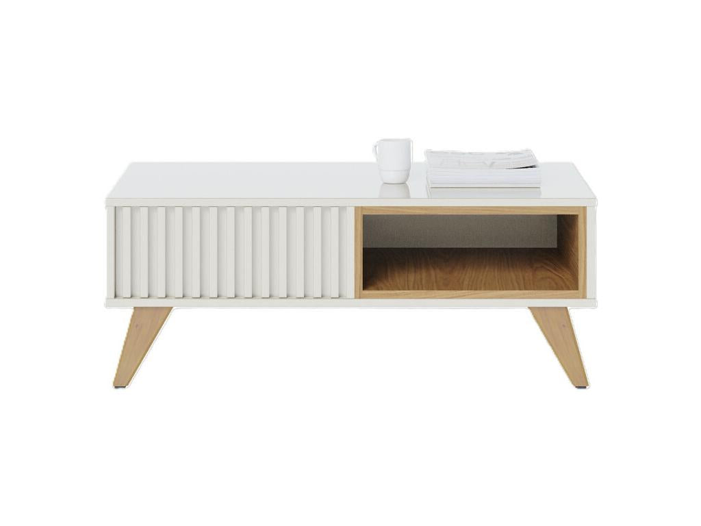 Coffee Table with 2 Niches and 4 Legs, White and Oak Wood, W 90.5 H 54 D 35.2 cm EWLK83568