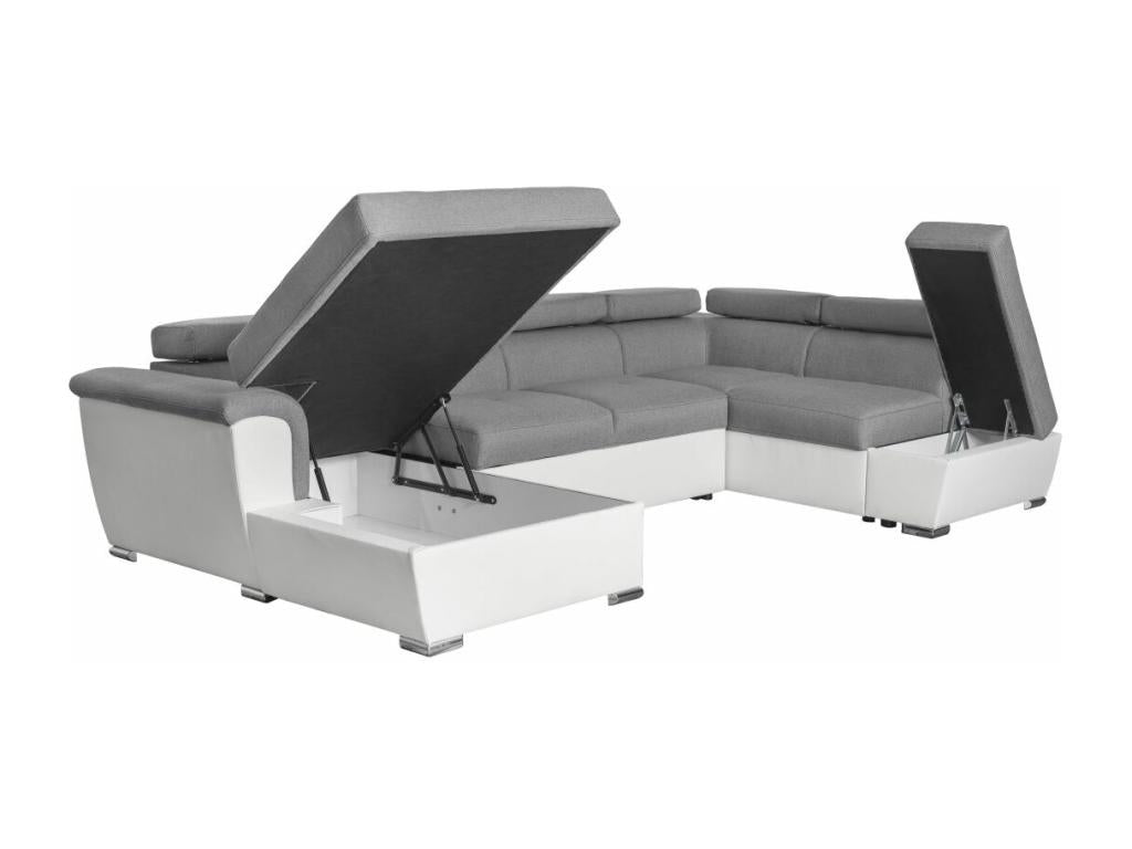 Domopure panoramic convertible sofa with 2 storage compartments in fabric and faux leather - White/Grey - W320.5 x D188 x H76cm - Domopure DCWC00633