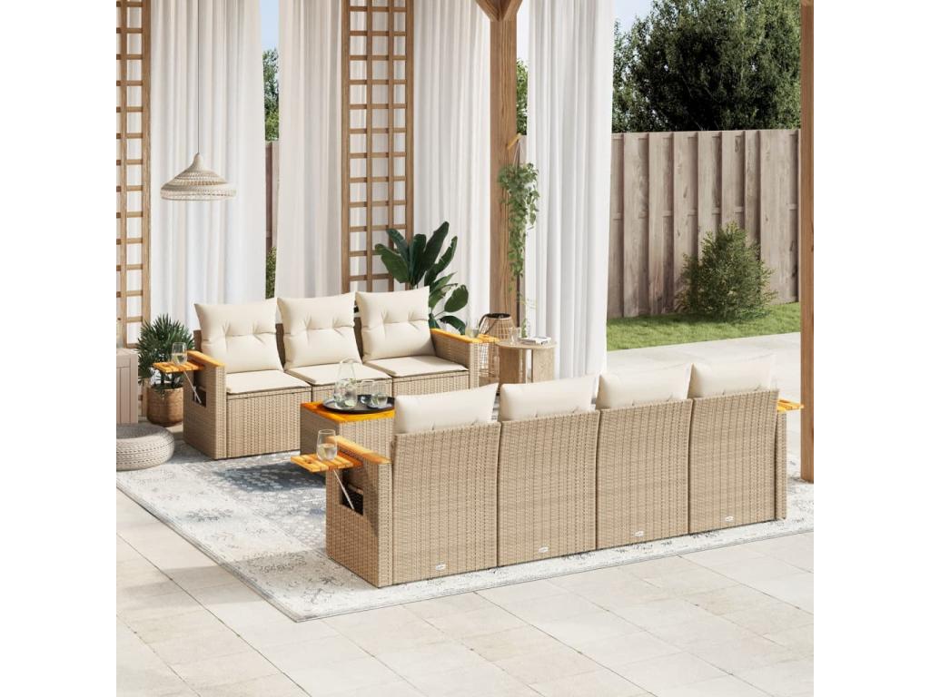 Garden furniture set with cushions, 8 pieces, beige woven resin, YPCX05019
