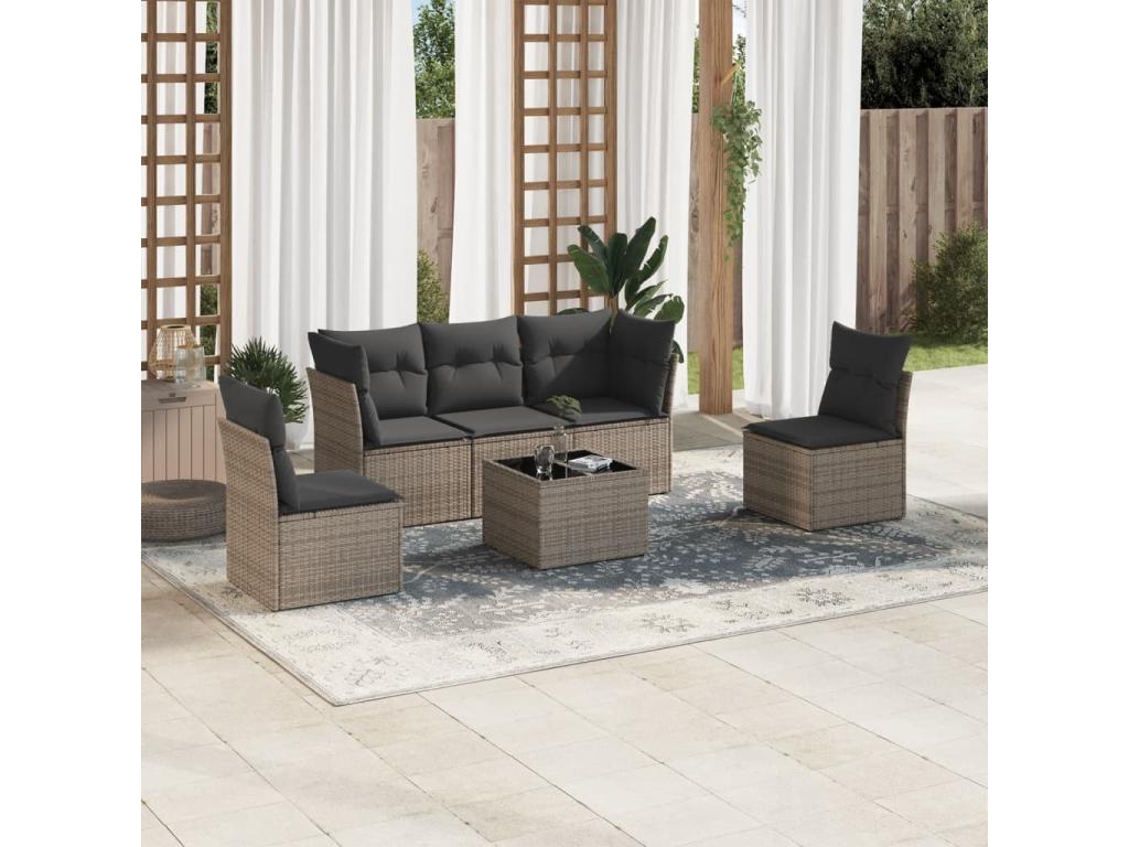 Salon de jardin 6 pcs avec coussins gris résine tressée LKDV53012