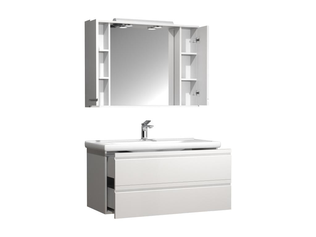 Ensemble de meubles de salle de bains Decohaute 3-pièces lavabo 100 cm lavabo sans poignée tiroir armoire de toilette Silora XL blanc ETTD41089