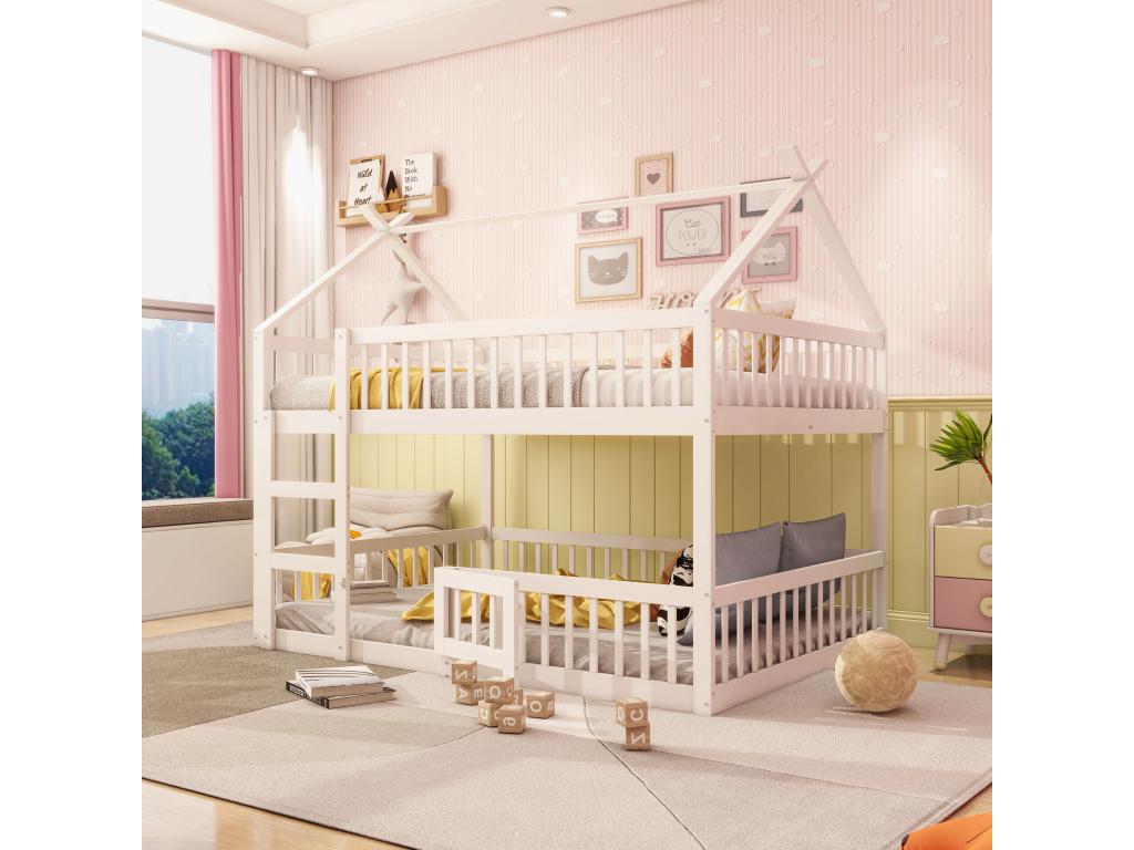 Children's Bunk Bed 140x200 Family Bed for Children with Stairs Solid Wood Bunk Bed Frame White JRTN91876