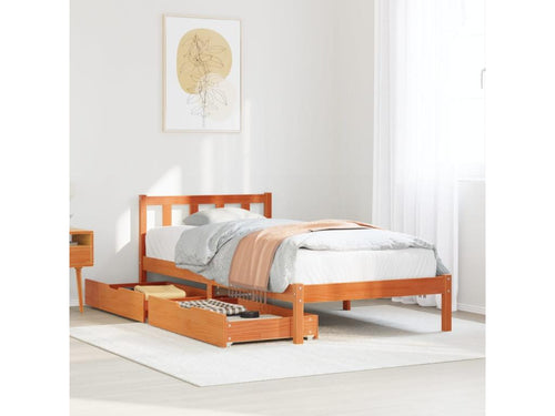 Bed frame without mattress, brown wax finish, 100x200cm, solid pine wood, NQUD86106