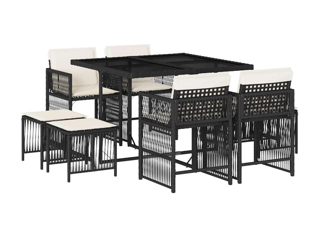 9-piece garden dining set with cushions, black resin wicker NYUI90989