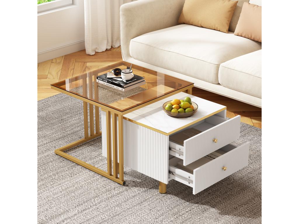 Lot de 2 tables basses gigognes carrées avec 2 tiroirs - 59.5x60x45.6cm 50x50x40cm - Motif à marbre - Bois MDF et métal - Blanc or HOUI94760