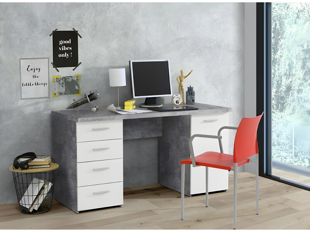 Bureau blanc avec 4 tiroirs et 1 porte décor béton gris - Domopure MIVV11259