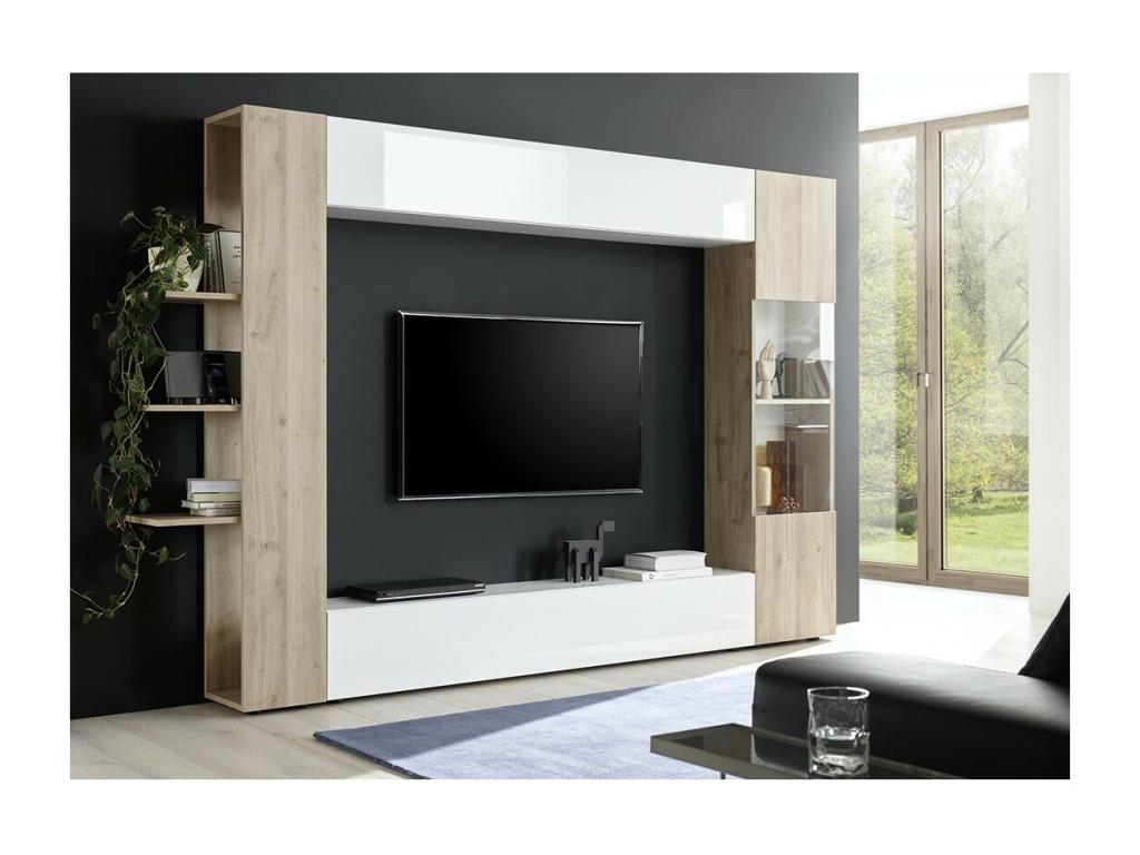 Living room furniture set with storage, Decohaute collection, white lacquer/light oak JVUG32405