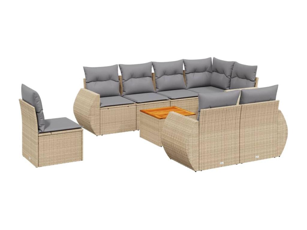 9-piece garden furniture set with cushions, beige woven resin ZKYU32136