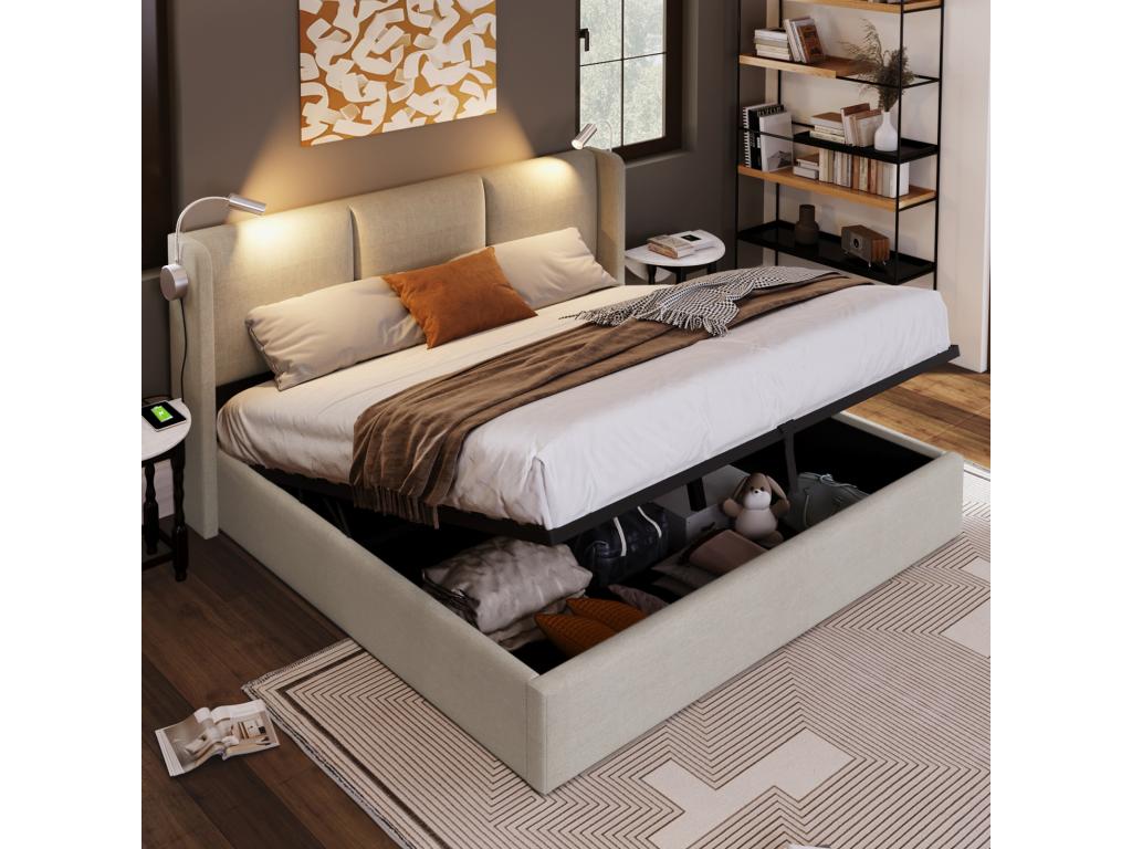 Hydraulic bed with reading light - 140x200 cm - USB charging and large storage - Linen - Beige YTOX64950