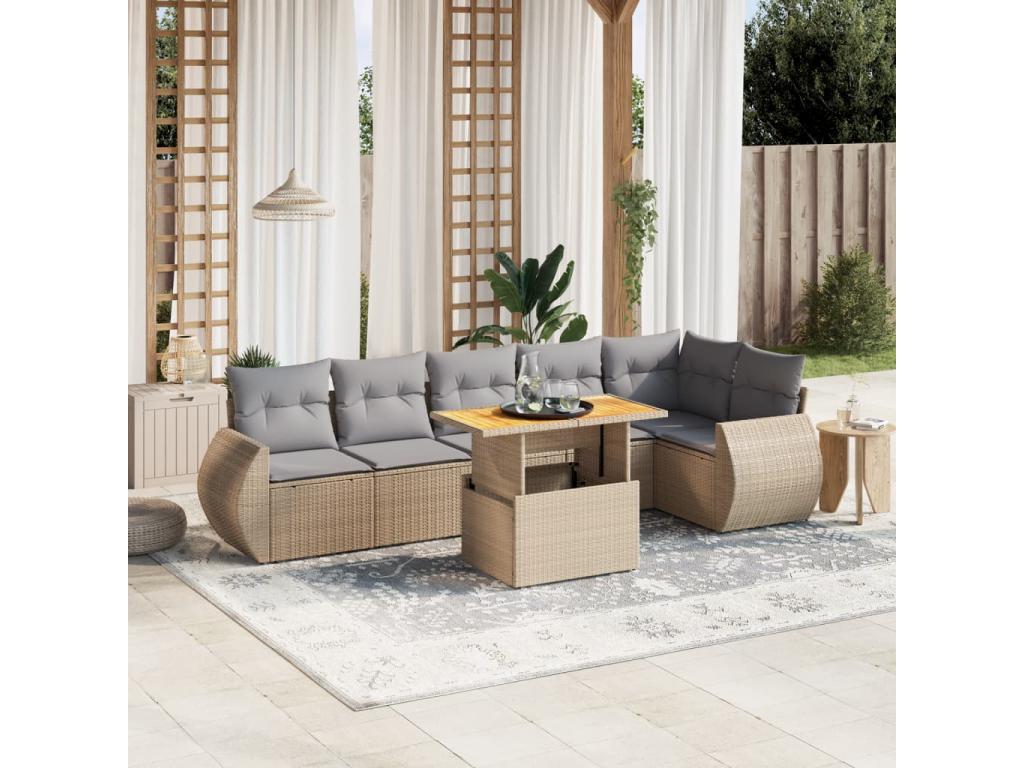 7-piece garden furniture set with cushions, beige woven resin WQAF11239
