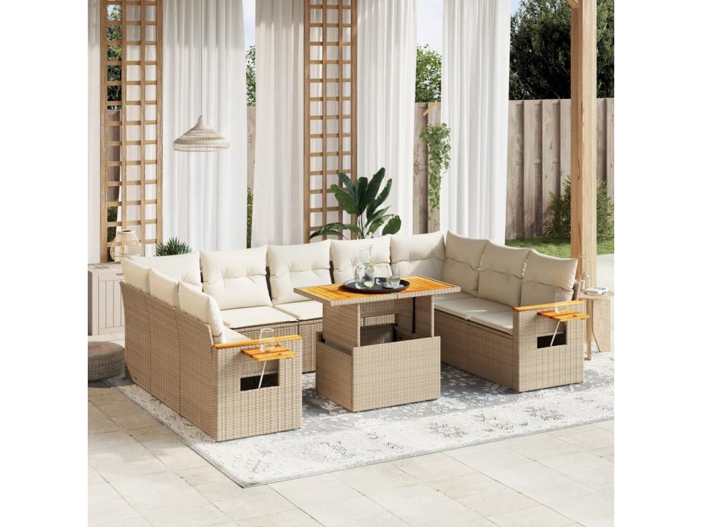 11-piece garden furniture set with beige cushions, woven resin ERSZ27040