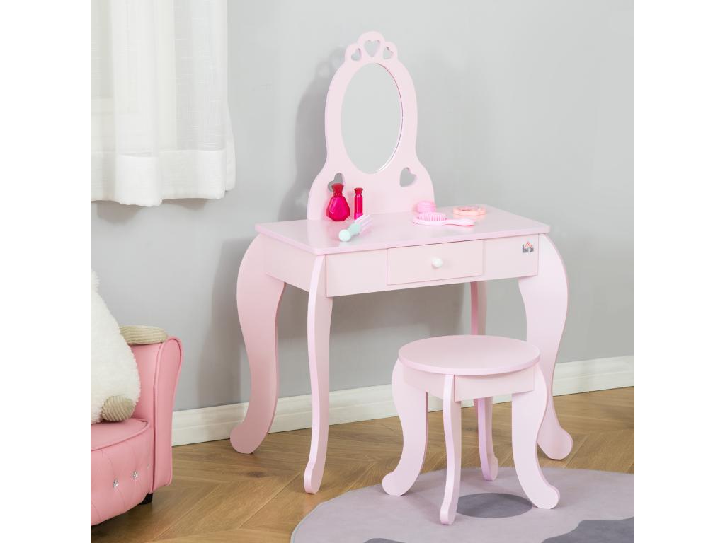 Domopure children's dressing table with heart motifs - stool included - dimensions: 60L x 36W x 88H cm - mirrored drawer - MDF - pink ZXNY77070