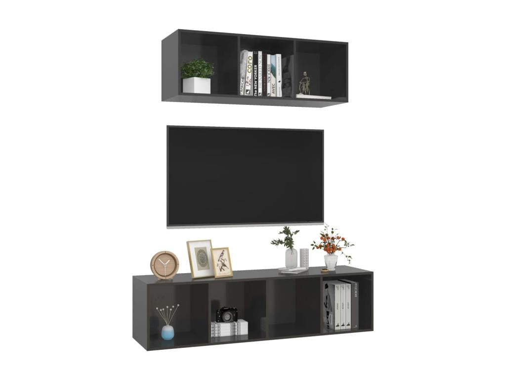 2-piece TV stand set, glossy grey engineered wood, FQEO41439