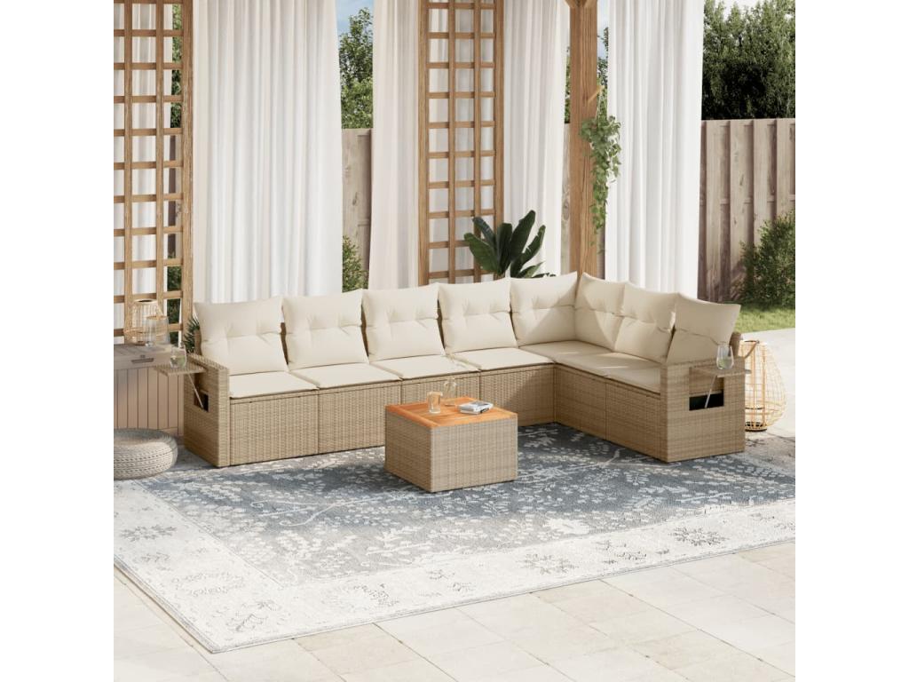 Garden furniture set with cushions, 8 pieces, beige woven resin MDNJ80986