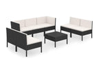 8-piece garden furniture set with cushions, black woven resin, YKLL61662