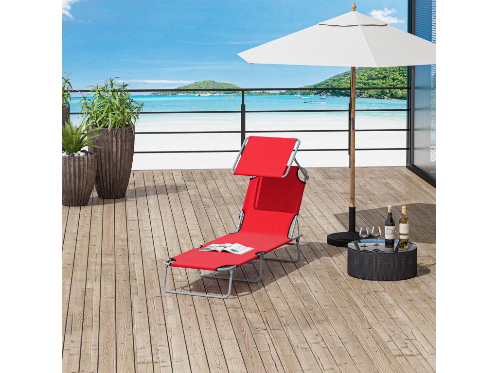Folding sun lounger with extra comfort, adjustable backrest and multi-position sunshade, red XGFV53379