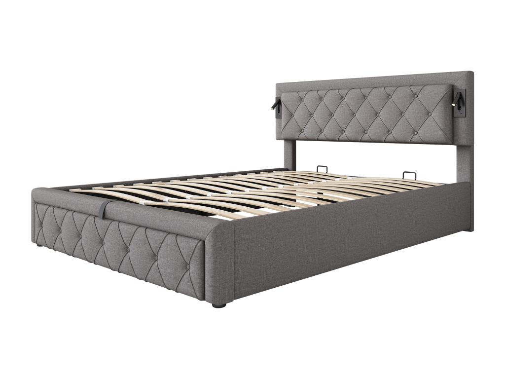 160x200cm linen fabric storage bed - with reading light and USB port - with Domopure slatted base - Grey WNQQ51329