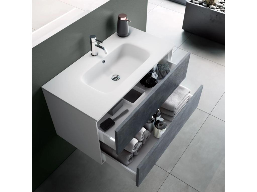 Ensemble meuble de salle de bain 2 tiroirs laqué blanc et bleu gris et miroir lumineux Domopure L 120cm KCRM47682