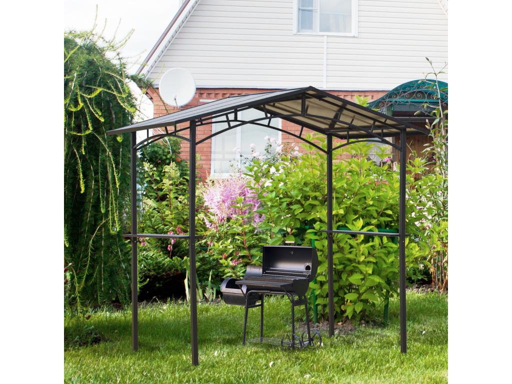 Garden pavilion - barbecue shelter - steakhouse with 2 shelves - barbecue roof - dimensions: 2.46L x 1.49W x 2.30H m - aluminum - black metal with polycarbonate roof QLHF66816