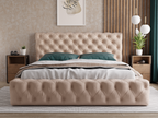 Domopure Storage Bed 200x200 Domopure - Double Bed 200x200 cm Upholstered Bed in Beige Velvet Fabric Domopure 35 OKGI17507
