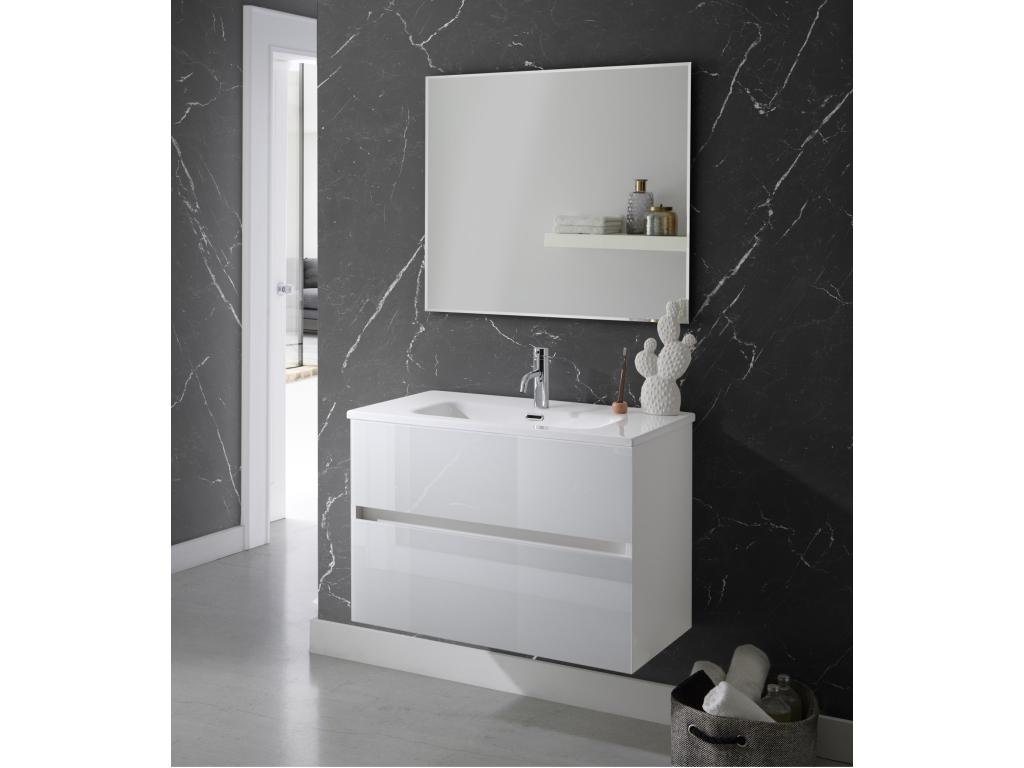 Meuble de salle de bain coloris blanc avec vasque moulée en céramique miroir - Longueur 100 x Profondeur 46 x Hauteur 56 cm OUFJ54326