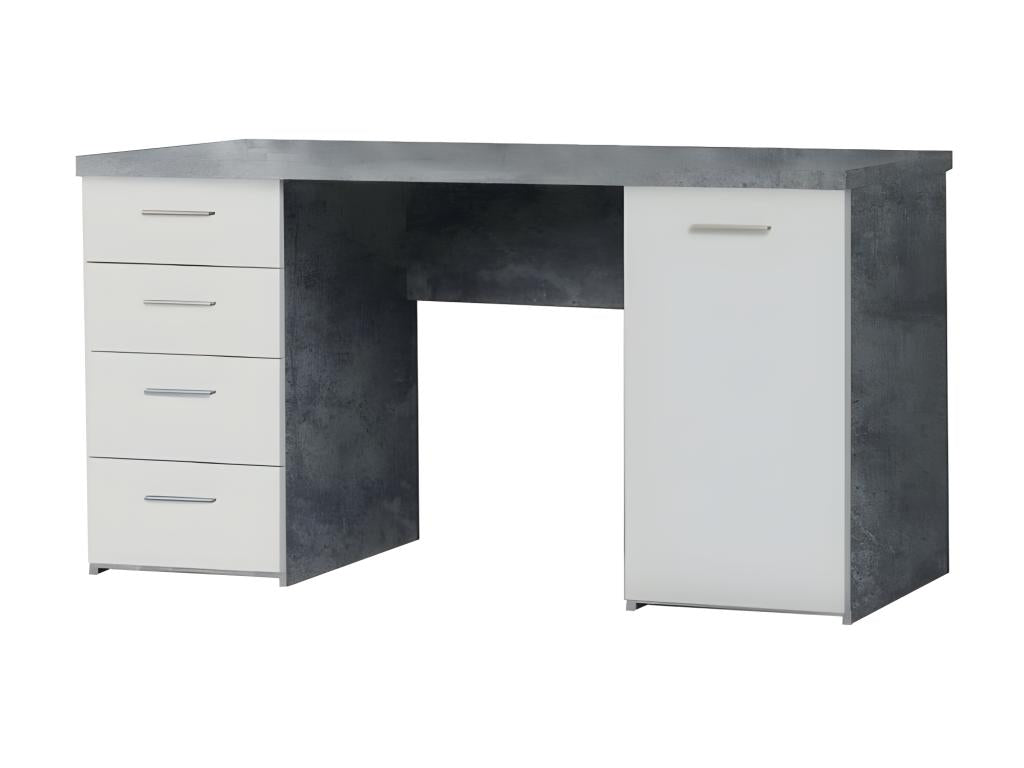 Bureau blanc avec 4 tiroirs et 1 porte décor béton gris - Domopure MIVV11259