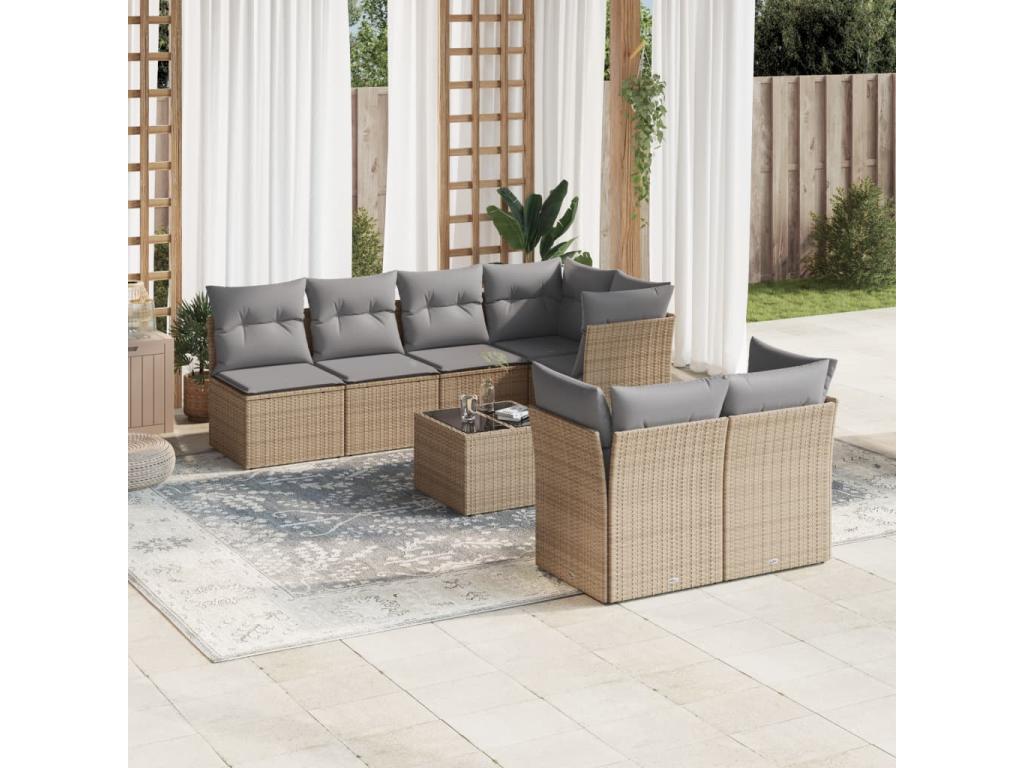 Garden furniture set with cushions, 8 pieces, beige woven resin NKMW90495