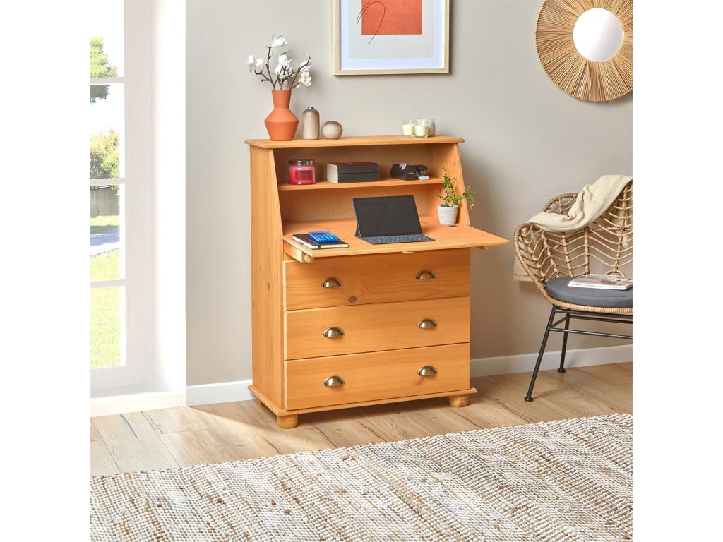 Bureau secrétaire Domopure rangement avec abattant 1 étagère et 3 tiroirs plan de travail rabattable pin massif finition teintée/ciré KBLL51022