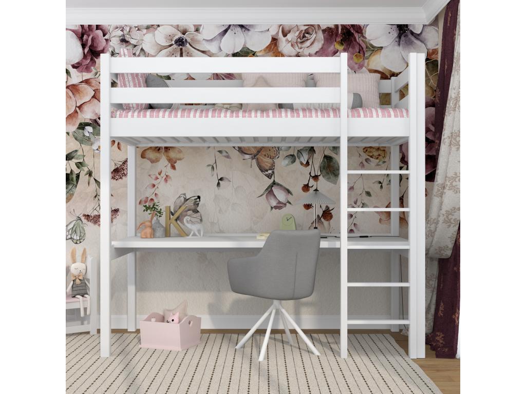 Wooden loft bed - with desk N05 White 100x190 MAPM53559