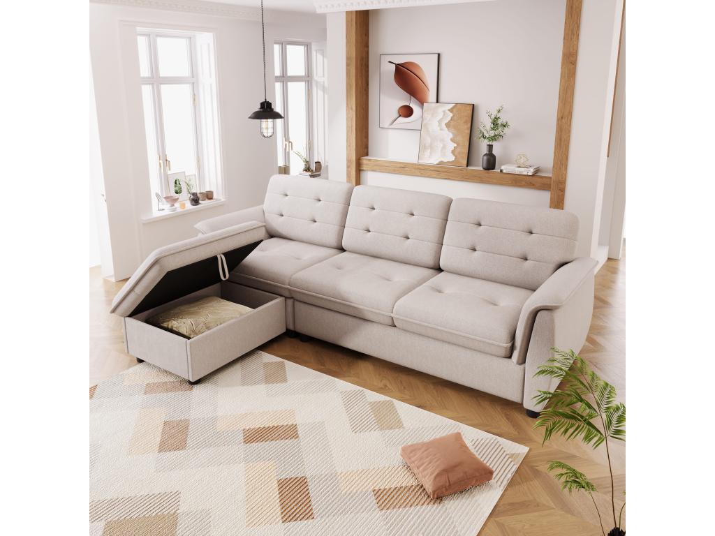 4-seater corner sofa with footrest and storage - 239x139x84 cm - Sponge and linen - Beige HSLB56084