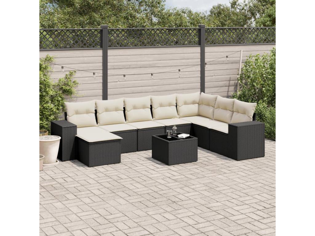 9-piece garden furniture set with cushions, black resin wicker LBWI48976