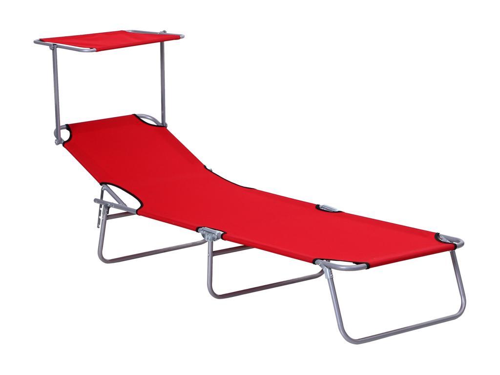 Folding sun lounger with extra comfort, adjustable backrest and multi-position sunshade, red XGFV53379