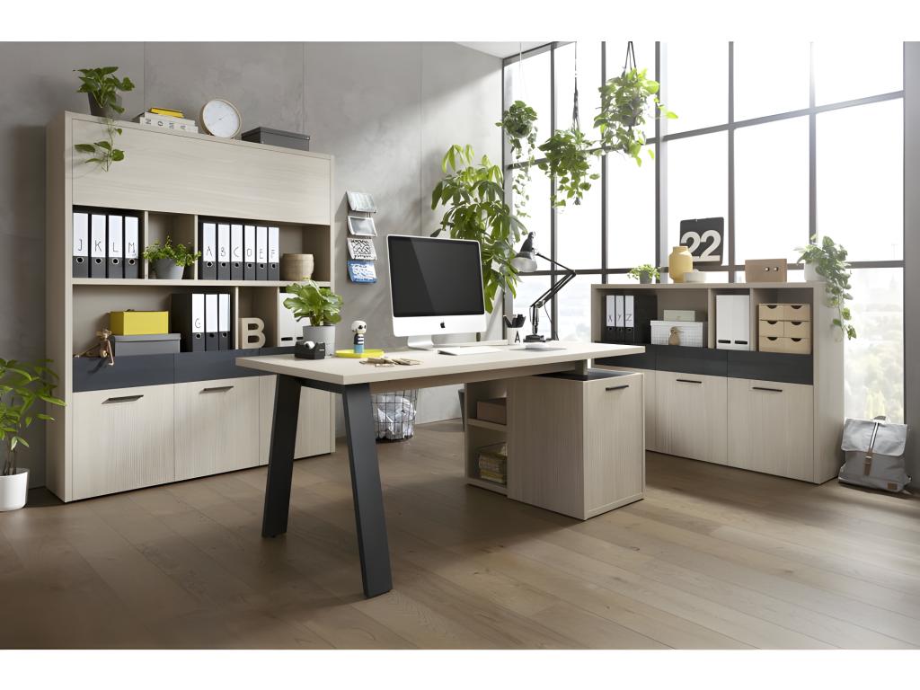 Bibliothèque 3 portes 3 tiroirs décor chêne clair et noir – Domopure NRQX89953