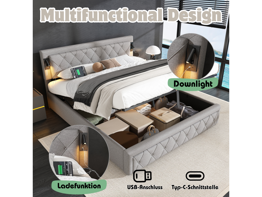 180x200 cm storage bed with headboard - LEDs and USB ports - Linen fabric - Diamond stripe pattern - Grey, without mattress VOFZ99462