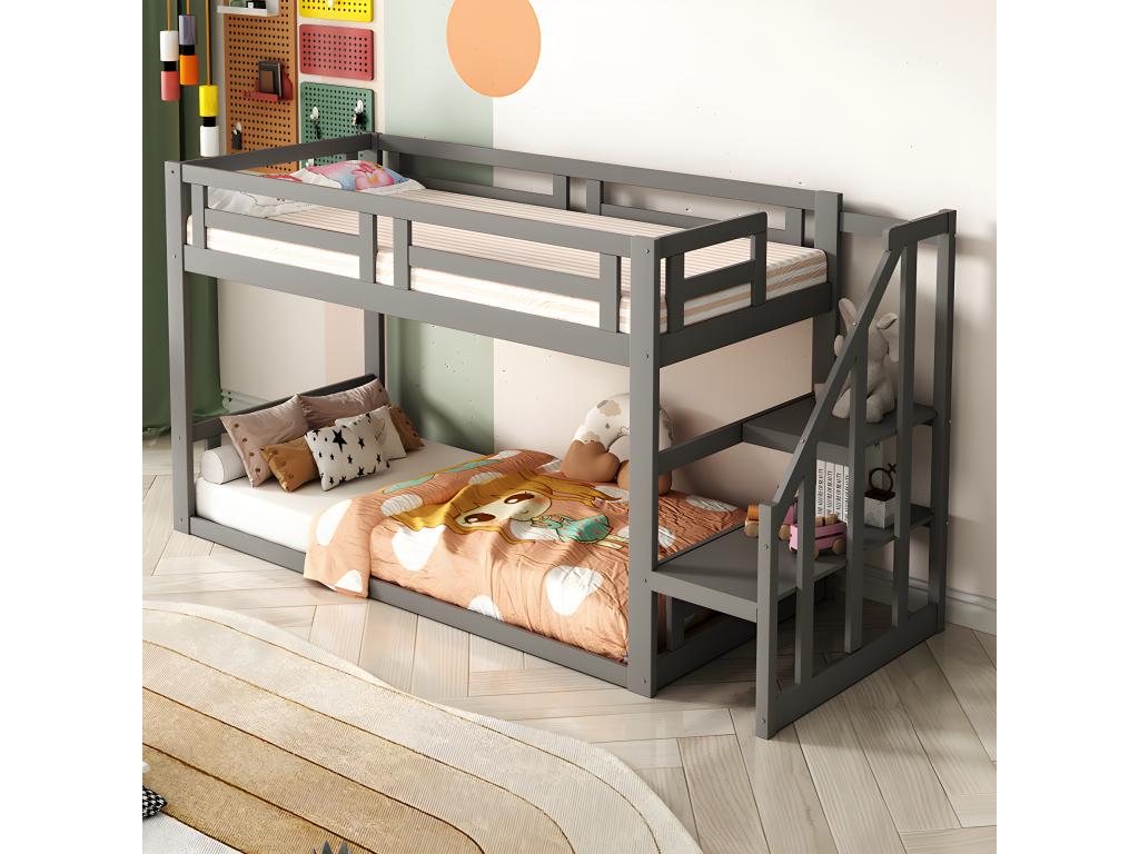 Cabin bed 90x200 cm lower bunk bed with safety stairs - grey - Decohaute NPQA11388