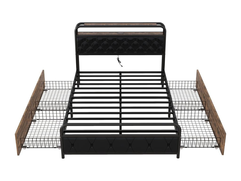 Bed with 4 drawers 140x200cm - with LED and charging ports - Black RHVP76453